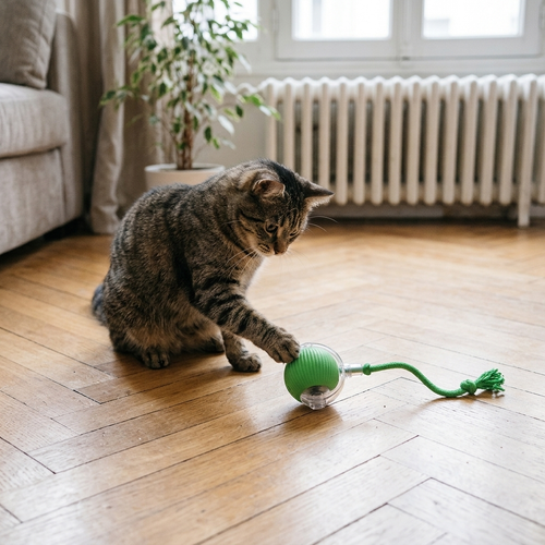 Chat qui joue avec la balle roulante automatique