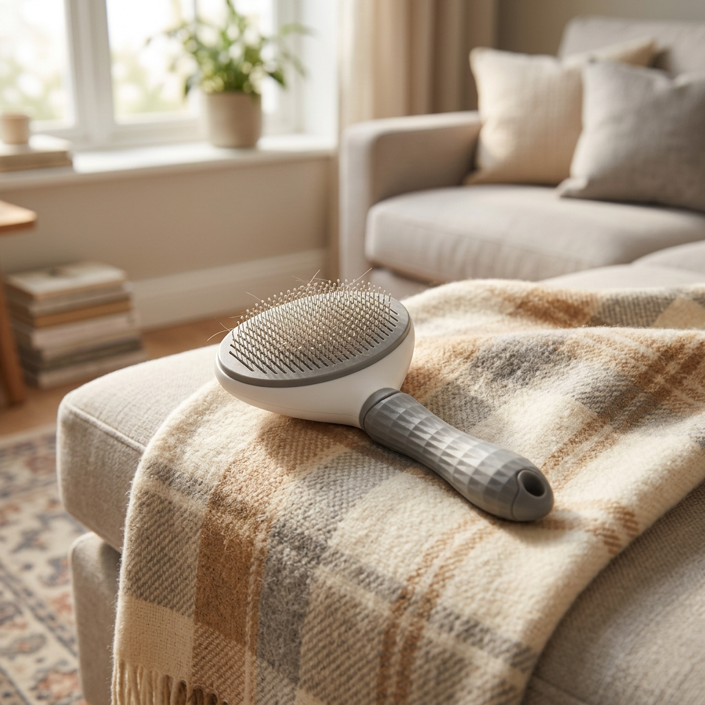 Brosse autonettoyante posée sur un plaid