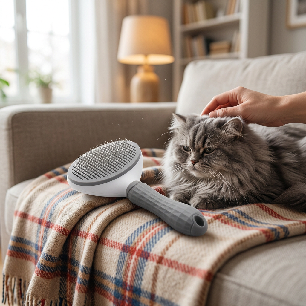 Chat persan à côté de la brosse autonettoyante sur le canapé