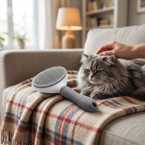 Chat persan à côté de la brosse autonettoyante sur le canapé