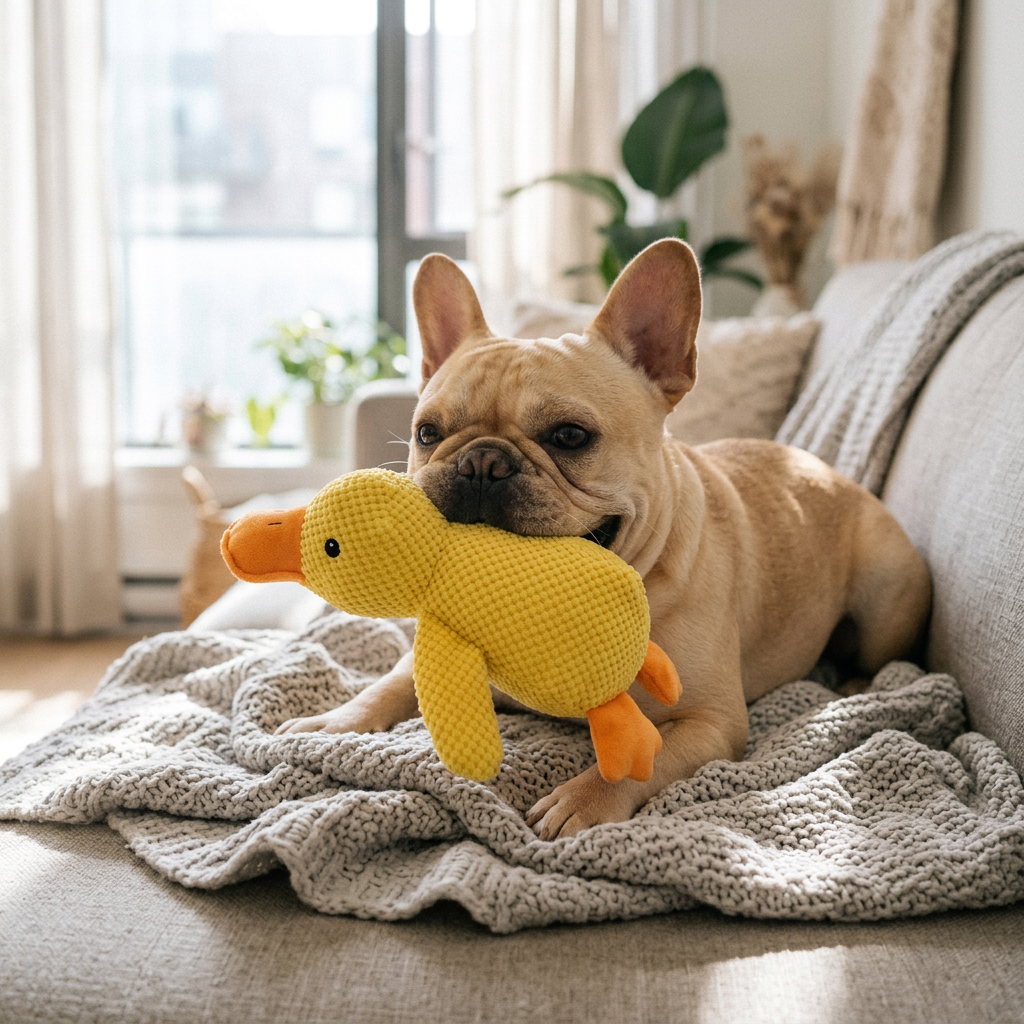Bouledogue français qui mâchouille le canard jaune ultra-résistant