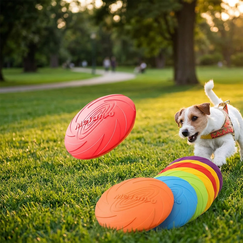 Chien qui joue avec son frisbee souple sur la pelouse