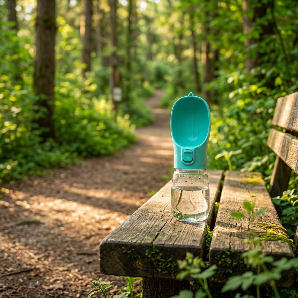 Gourde pour chien posée sur un banc en forêt