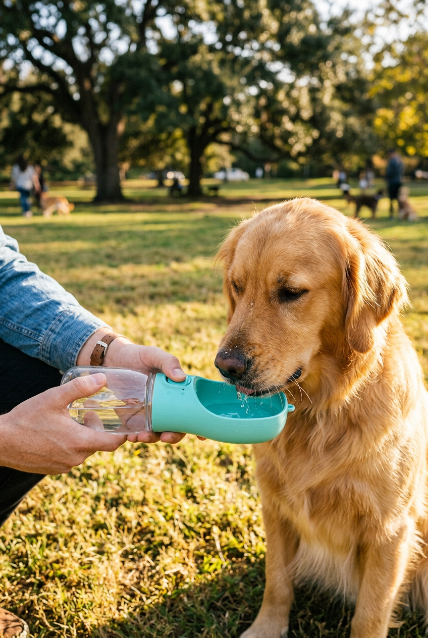 Golden retriever qui boit dans la gourde de balade au parc