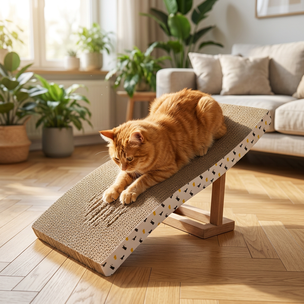 Chat roux sur son griffoir en carton dans le salon