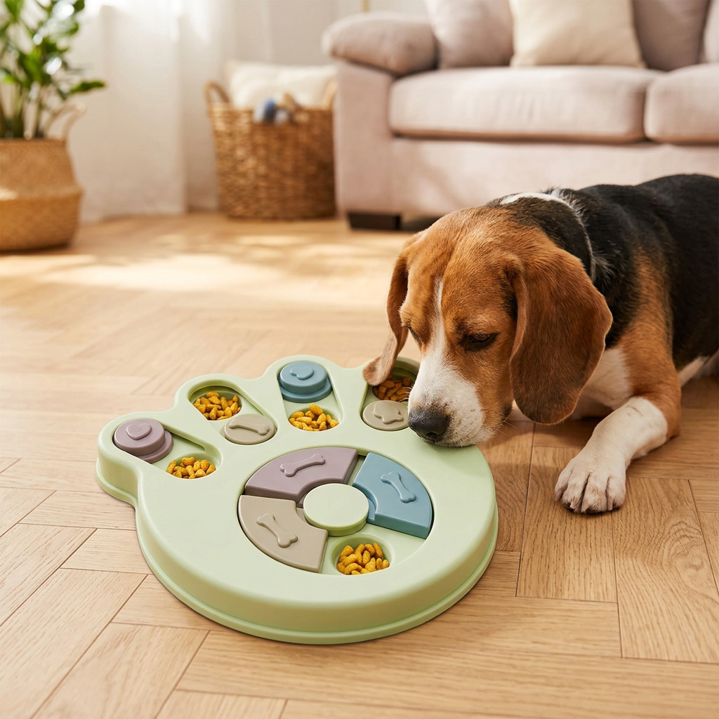 Beagle qui découvre son jeu d'intelligence