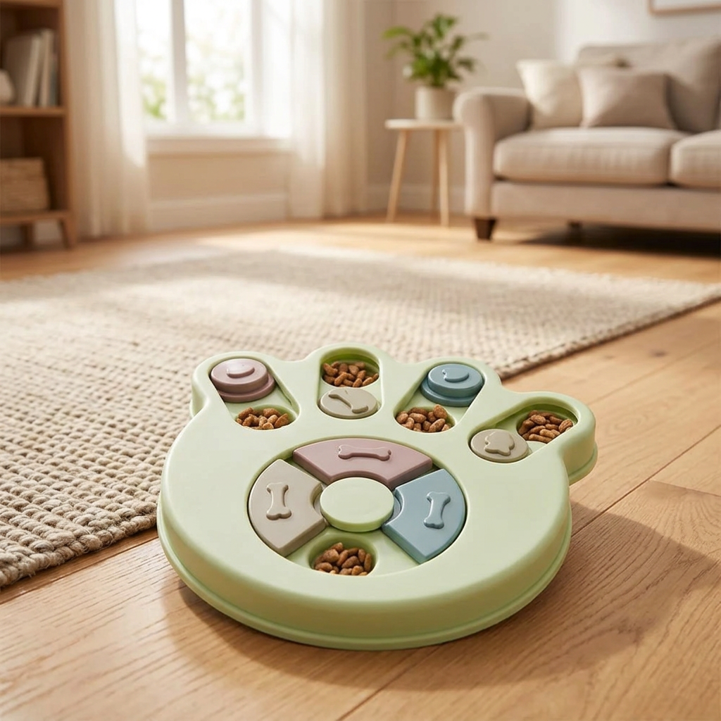 Jeu d'intelligence pour chien posé sur le parquet du salon