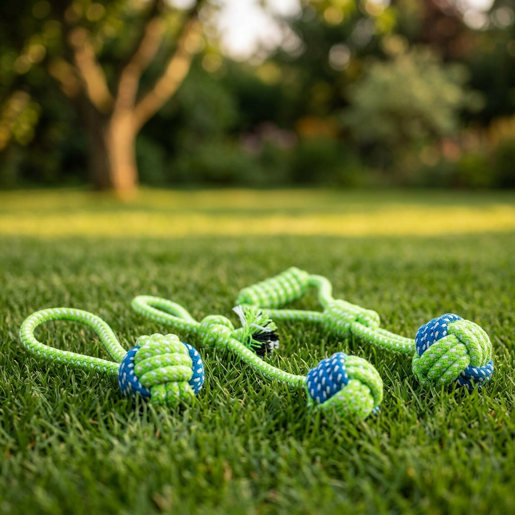 Jouets en corde tressée posés sur la pelouse