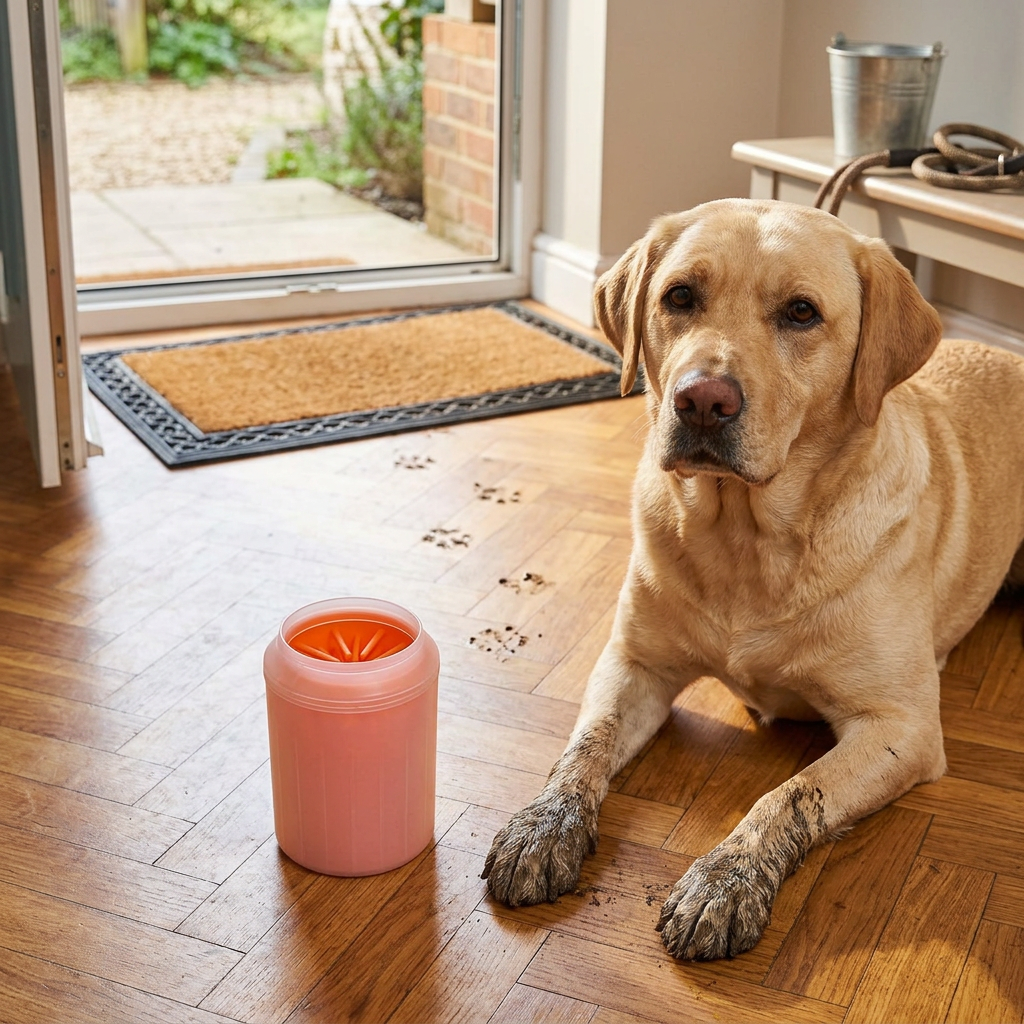 Labrador à côté du nettoyeur de pattes après la balade