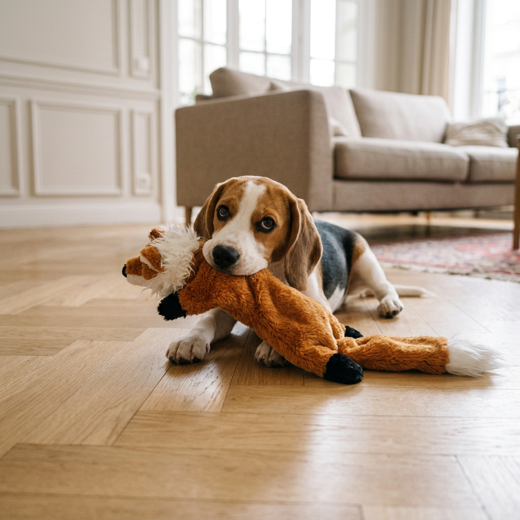 Chiot beagle qui joue avec la peluche renard sans rembourrage