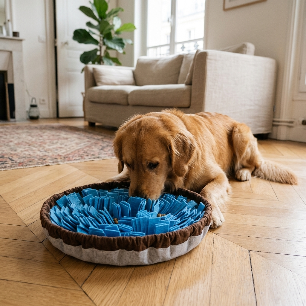 Chien qui cherche des croquettes dans le tapis de fouille