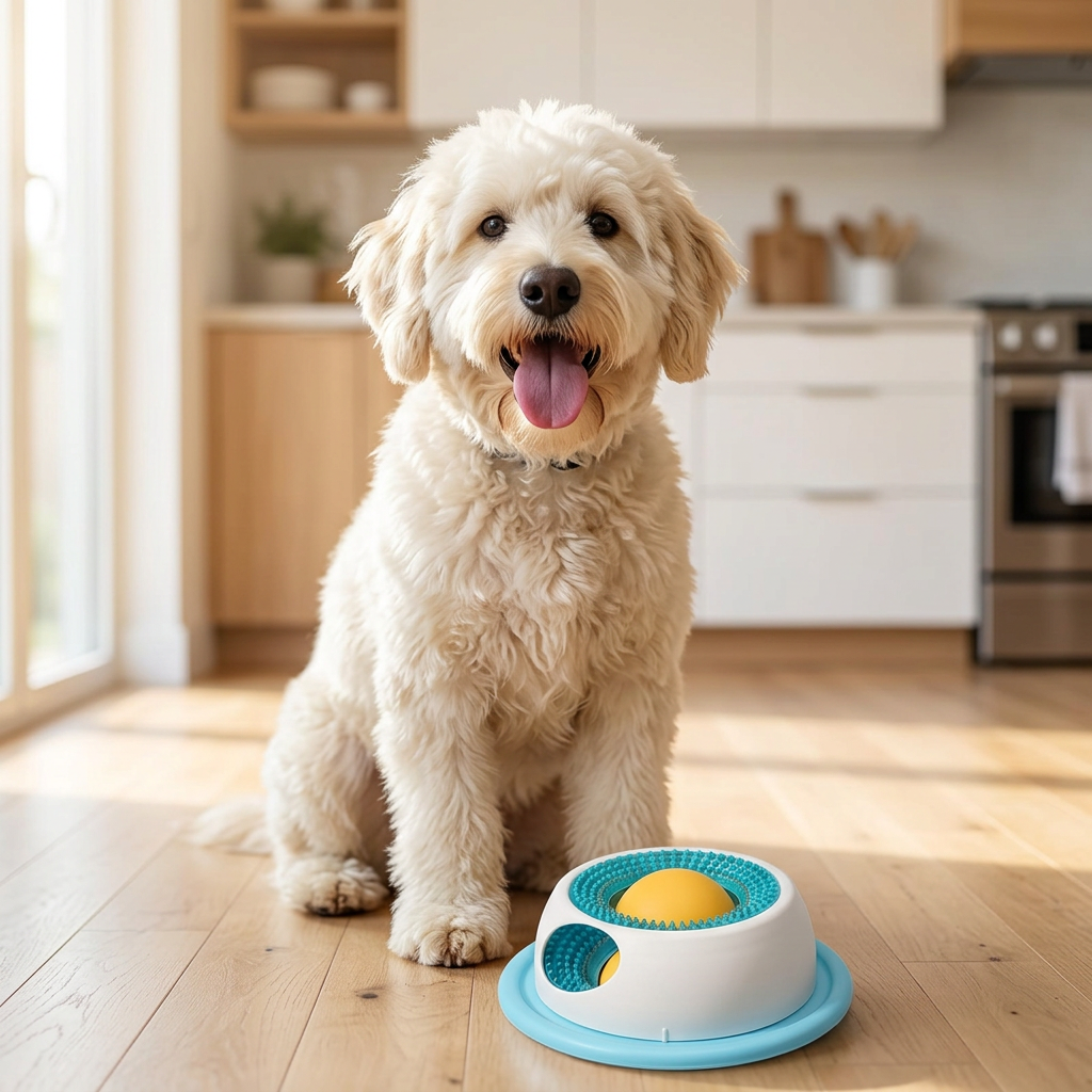 Chien assis à côté de son tapis de léchage dans la cuisine