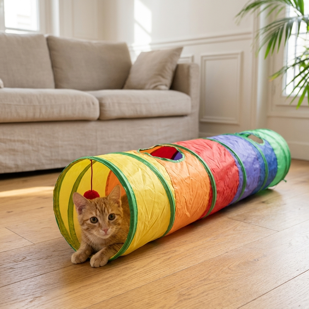 Chaton qui joue dans le tunnel pliable arc-en-ciel